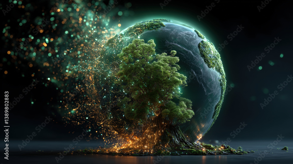 Fototapete glowing earth with digital tree emerges from dark background, symbolizing fusion of nature and techn