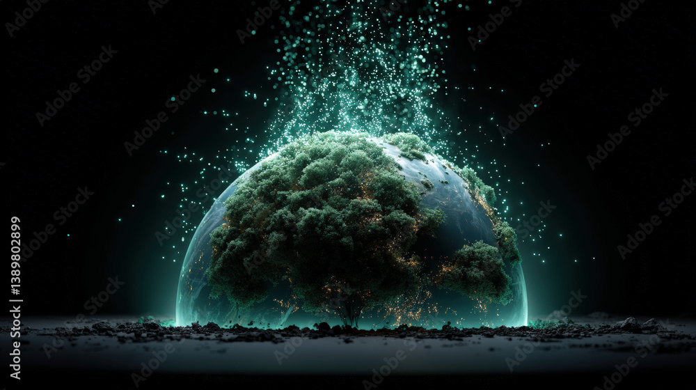 Aufkleber glowing earth with digital tree emerges from darkness, surrounded by sparkling particles, symbolizin