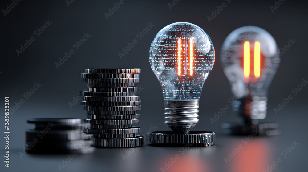Leinwandbilder stack of coins and light bulb with digital patterns symbolize innovation and financial growth. futuristic design highlights intersection of technology and economy
