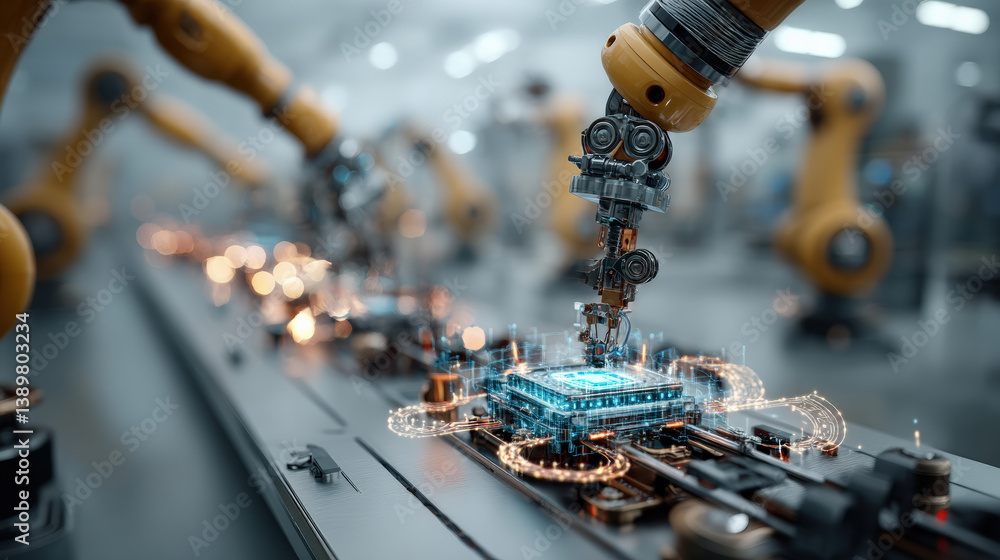 Poster Futuristic smart factory with robotic arms assembling high tech components on conveyor belt, showcasing advanced automation and precision technology