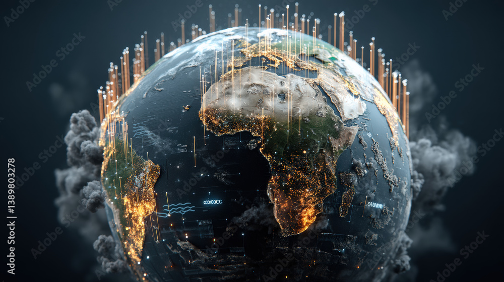 Leinwandbilder digital representation of Earth with illuminated continents and data signals, symbolizing global connectivity and environmental monitoring. image conveys futuristic and technological theme