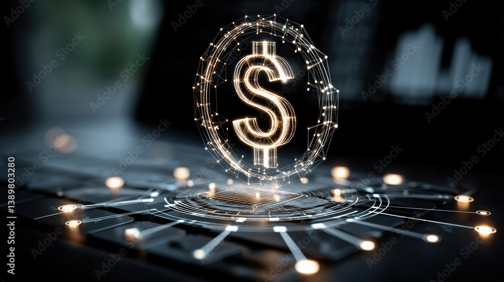 Poster glowing digital dollar sign hovers above laptop keyboard, symbolizing futuristic finance and technol