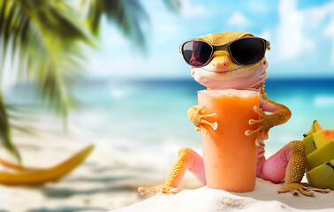 Stylish gecko on tropical beach enjoying cool drink, feeling relaxed and content with sunny vibes of vacation