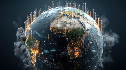 digital representation of Earth with illuminated continents and data signals, symbolizing global connectivity and environmental monitoring. image conveys futuristic and technological theme