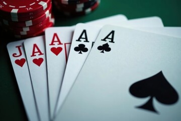 Obraz premium Four aces aligned, demonstrating a classic poker hand , detail, casino, card game