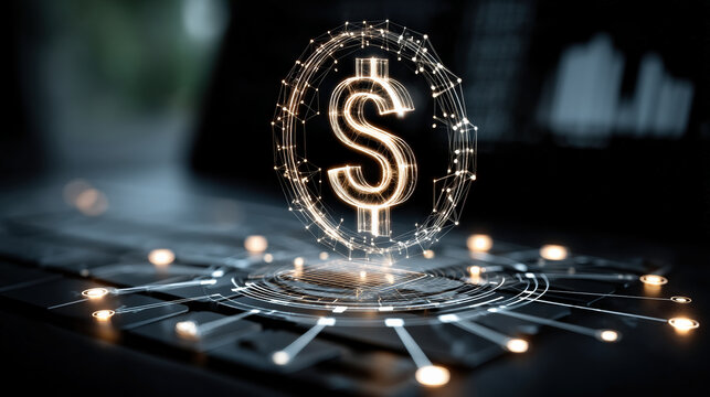 glowing digital dollar sign hovers above laptop keyboard, symbolizing futuristic finance and technology. image conveys innovation and integration of digital currency