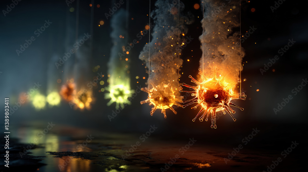 Aufkleber glowing virus icons suspended in polluted air with floating particles create dramatic and eerie atmo