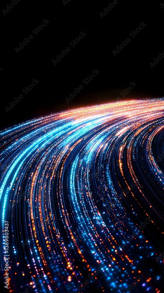 Poster curved light trails in blue and orange colors creating dynamic motion effect against black backgroun