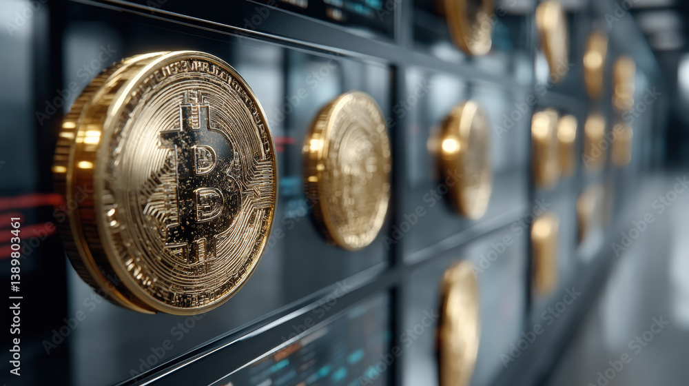 Poster golden cryptocurrency coins are displayed prominently against digital blockchain ledger screen, symb