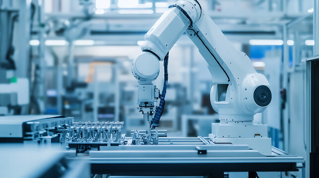 An AI powered robotic arm, assembling complex components with high precision in a factory setting, Industrial tech style