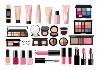 A collection of makeup products including lipsticks, nail polish, and eye shadow. Concept of abundance and variety, with many different shades and colors available