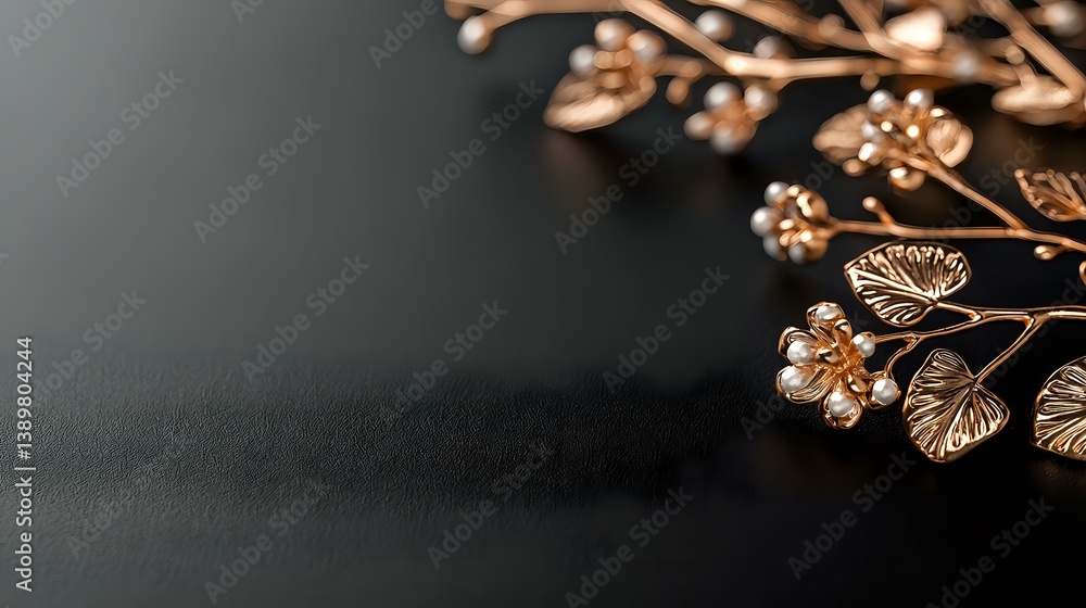 Poster delicate copper metallic flowers and leaves arrangement on dark background with selective focus and 