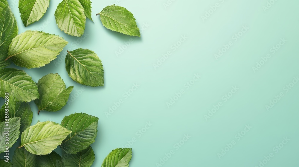 Aufkleber fresh green leaves clustered on a light teal background with ample empty space for text or design en