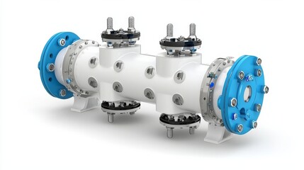 Industrial valve with blue and white design for fluid control systems