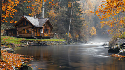 Fototapeta premium rustic log house by river surrounded by autumn leaves and mist