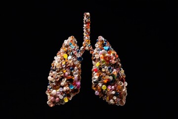 Microplastic Pollution. Artistic representation of lungs made from colorful beads and shells on a black background.