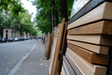 A close-up shot of stacked wooden planks on a city sidewalk, highlighting their diverse textures and colors, surrounded by urban greenery and pedestrians in the distance.