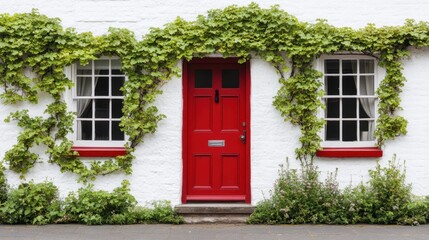 Obraz premium Peaceful white home with symmetrical windows, climbing vines, and a red front door