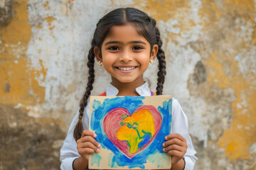 close-up of south asian schoolgirl with braided pigtails holding colorful handmade world health day poster with heart and globe, joyful smile, standing near school wall, bright morning light