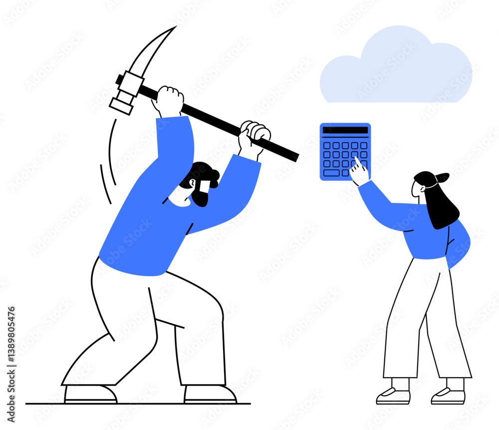 Poster worker swings pickaxe symbolizing effort while figure operates a calculator, all under a cloud. idea