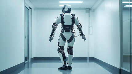 An AI powered robotic exoskeleton development lab, engineers testing next-gen wearable assistive suits for mobility enhancement, Biomechanics tech style