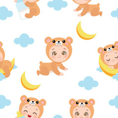 Cute baby in bear costume seamless pattern