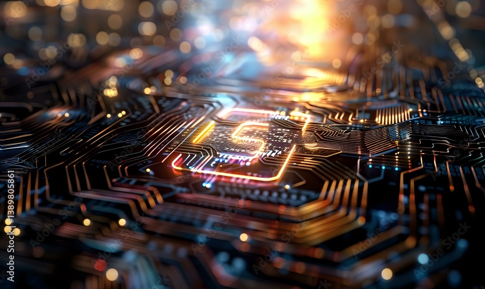 Poster glowing microchip circuit board with blue and orange light effects, close-up view showing intricate 