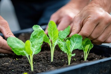 The image showcases a gardener's hands carefully tending to fresh spinach seedlings, emphasizing the nurturing aspect of plant care and growth in a gardening setting.