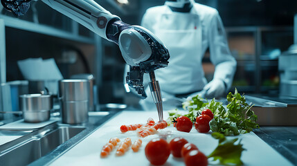 An AI powered robotic food lab, automated chefs preparing gourmet meals with molecular gastronomy techniques, Culinary tech style