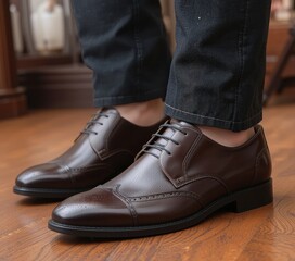 A man stands confidently on a polished wooden floor, showcasing his stylish brown leather shoes. The warm tones of the shoes contrast beautifully with the rich, dark wood beneath.