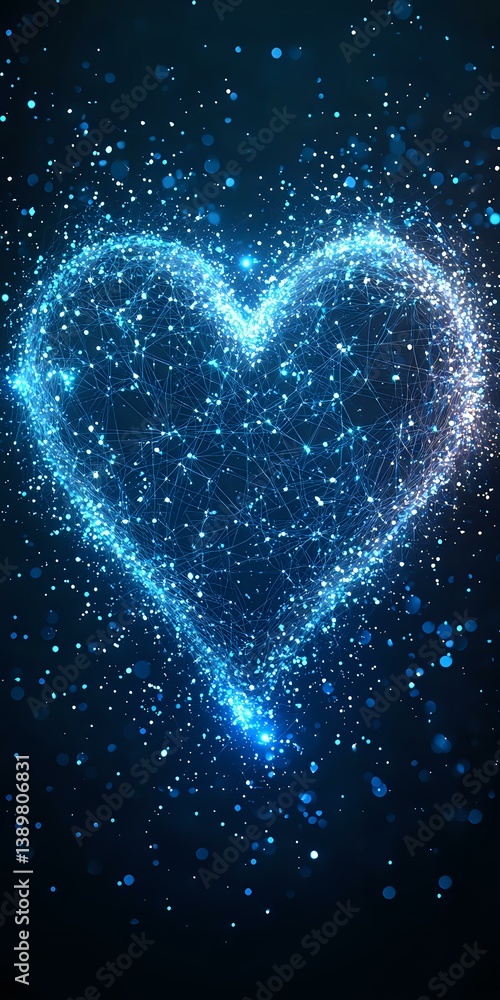 Poster glowing blue heart shape formed by connected dots and lines against dark background, with sparkling 