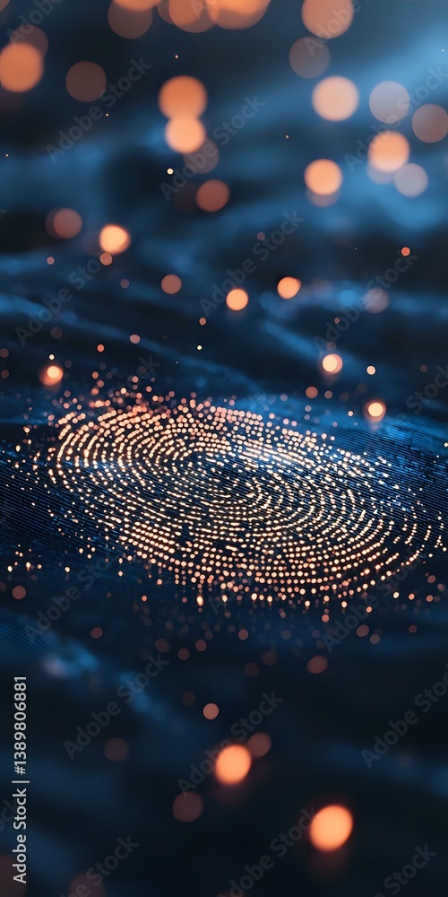 Poster glowing digital fingerprint pattern with orange bokeh lights on dark blue background, representing b