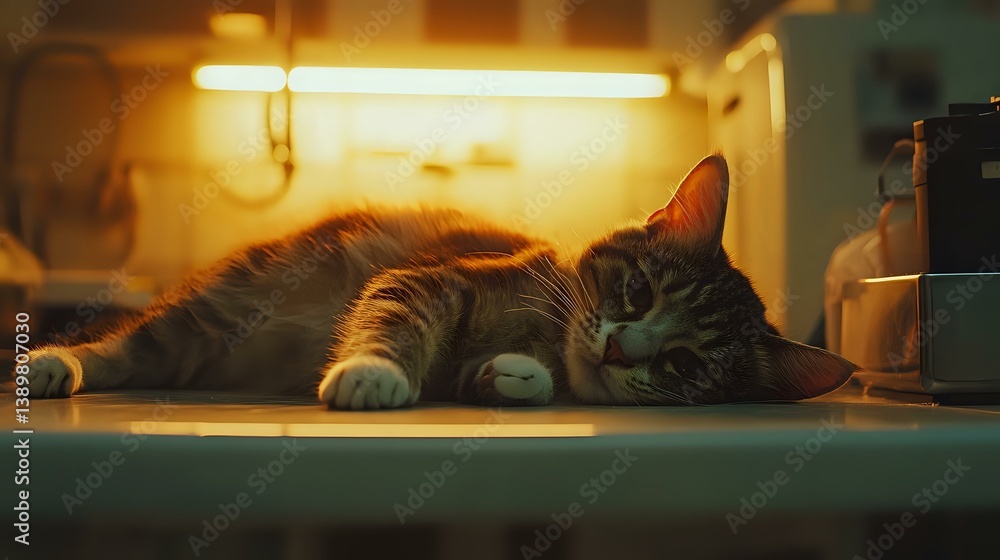 Poster sleepy gray tabby cat lying on counter in warm evening light with glowing lamp above, creating cozy 