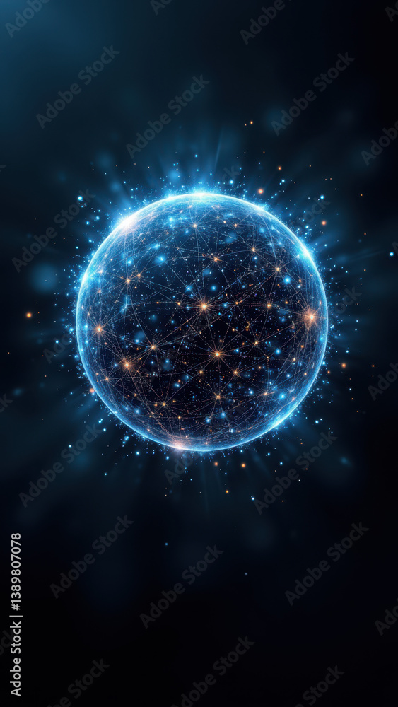Poster A cosmic representation of a secure network with a central planet-like structure surrounded by protective shields.