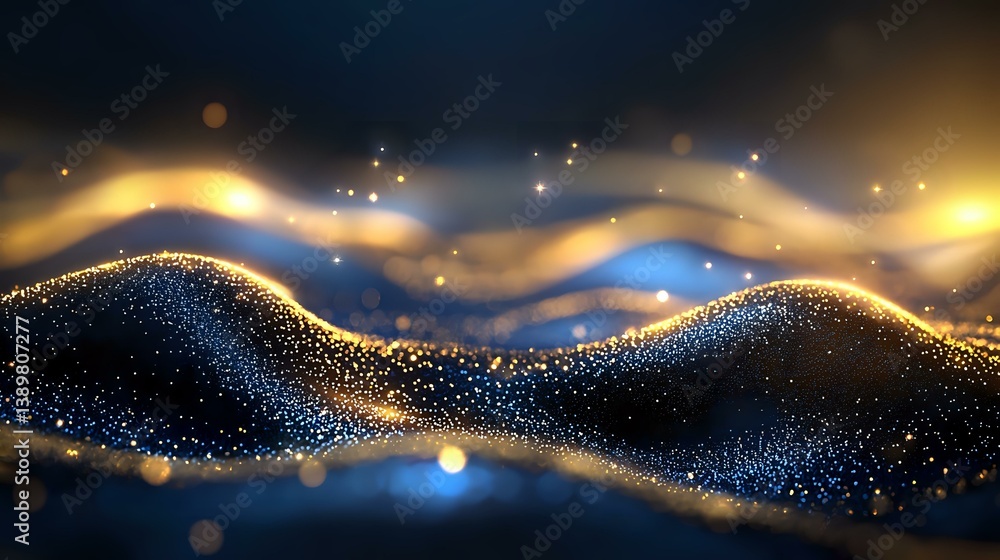 Poster glowing golden and blue waves with sparkling particles creating dynamic flowing motion against dark 