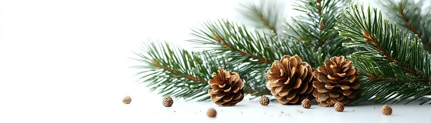 Pine branches with brown cones and scattered nuts on white background, winter holiday natural decoration element isolated for festive designs.