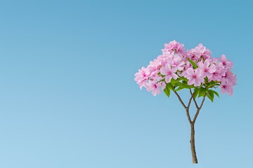 Delicate pink cherry blossom branch against clear blue sky background, minimalist spring composition with negative space for text placement.