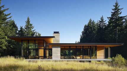 Sleek modern flat roof residence with neutral-colored walls, clean lines, and high-tech architecture