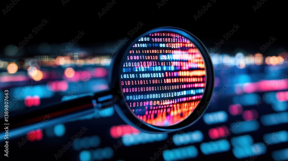 Poster a magnifying glass focuses on colorful binary code, symbolizing data analysis and technology in a di