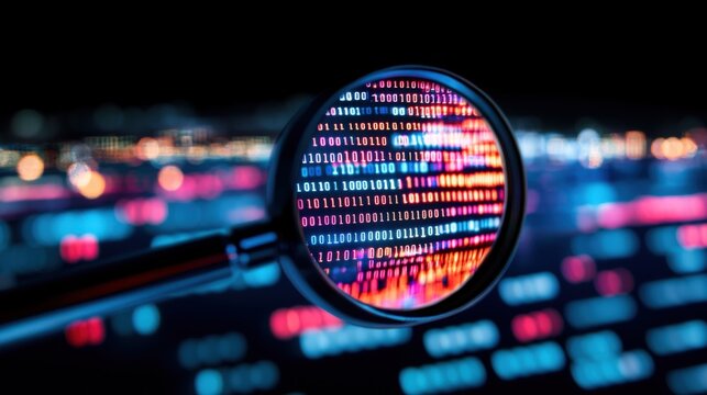 A magnifying glass focuses on colorful binary code, symbolizing data analysis and technology in a digital environment.