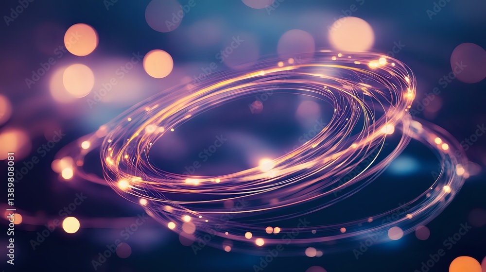 Poster glowing spiral rings with magical light trails on dark purple background with bokeh effect, creating