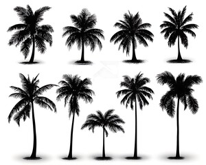 Black silhouettes of several palm trees on a white background