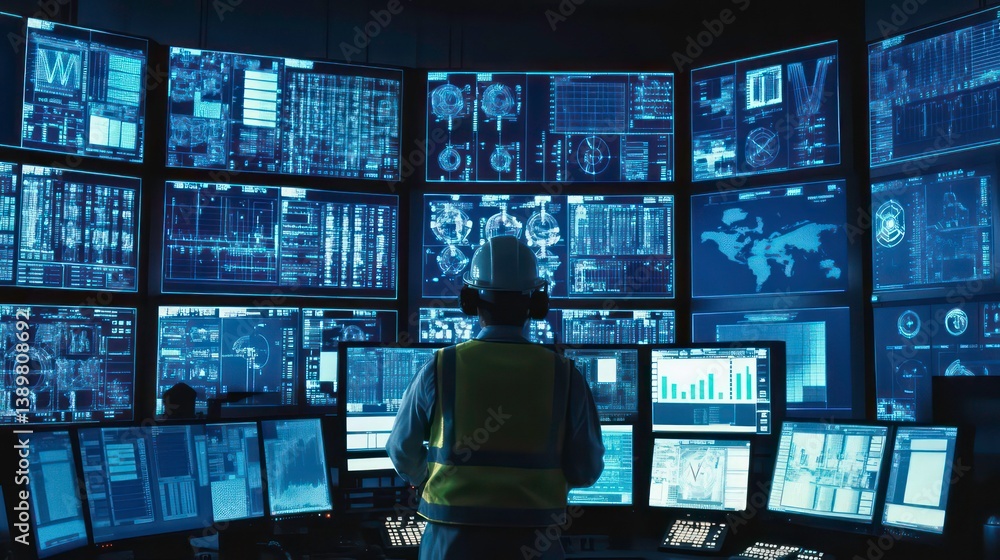 Aufkleber technician in control room closely watches multiple monitors displaying data graphs, charts. wears s