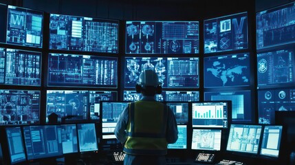 Technician in control room closely watches multiple monitors displaying data graphs, charts. Wears safety helmet, vest. Many screens show complex tech information. Seems focused on managing system