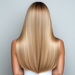 Naklejka premium Back view of straight blonde hair on Caucasian woman wearing white top against gray background, showing smooth, glossy texture and professional salon styling result.