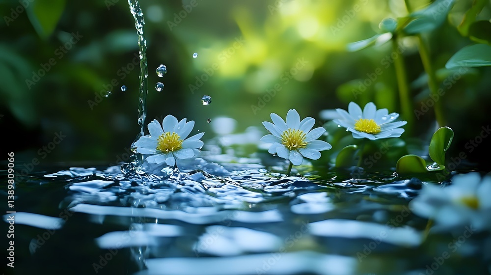 Aufkleber fresh white daisies with water drops splashing on reflective surface against green bokeh background,