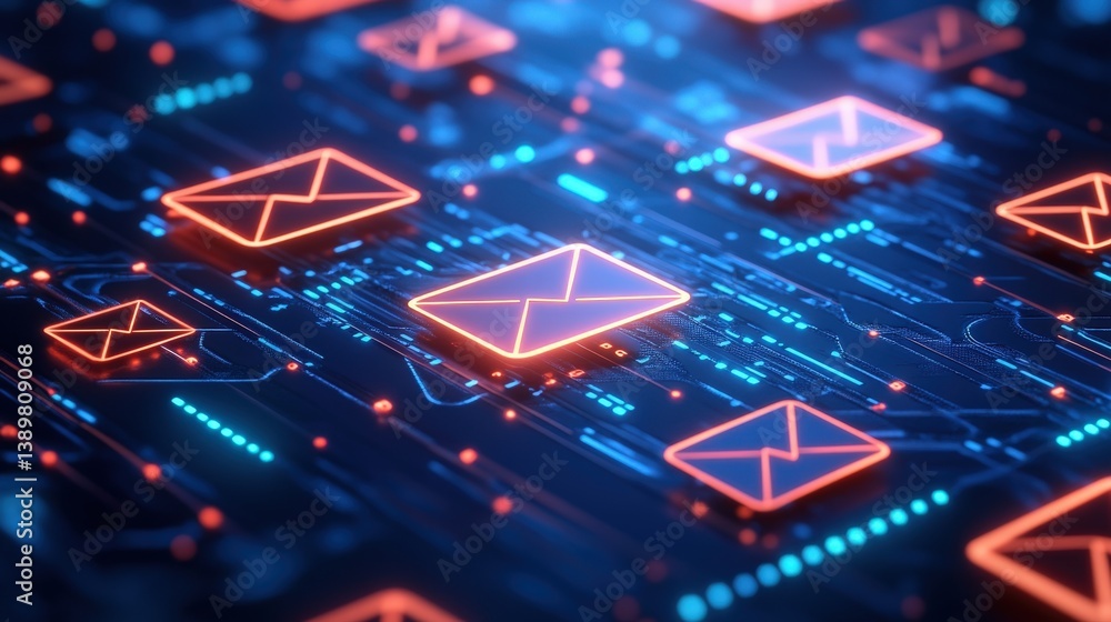 Poster a vibrant digital background featuring glowing email icons and circuitry, symbolizing technology and