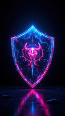 Fototapeta premium A vibrant digital shield with a cybernetic and energy-filled design, symbolizing cybersecurity and internet protection.