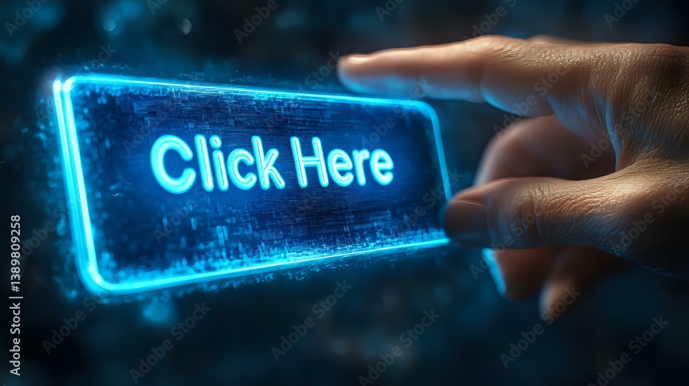 Poster glowing blue neon click here button with human finger pointing at interactive digital interface, mod