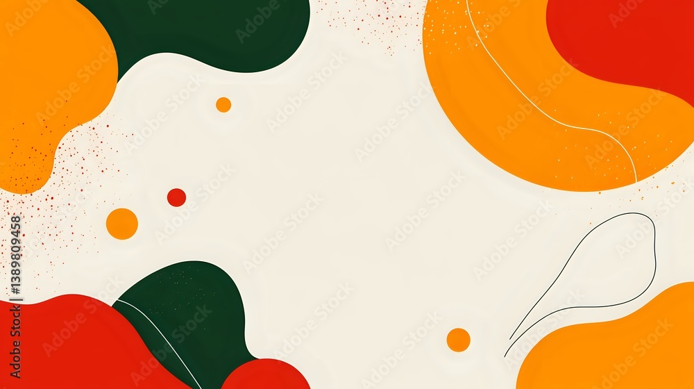Poster abstract organic shapes in orange, dark green and red on cream background with subtle texture and fl
